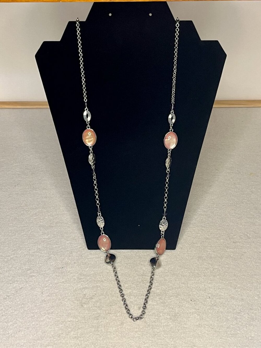 Vintage Pale Orange & Silver Beads on Silver Chain * Long Length * Quality